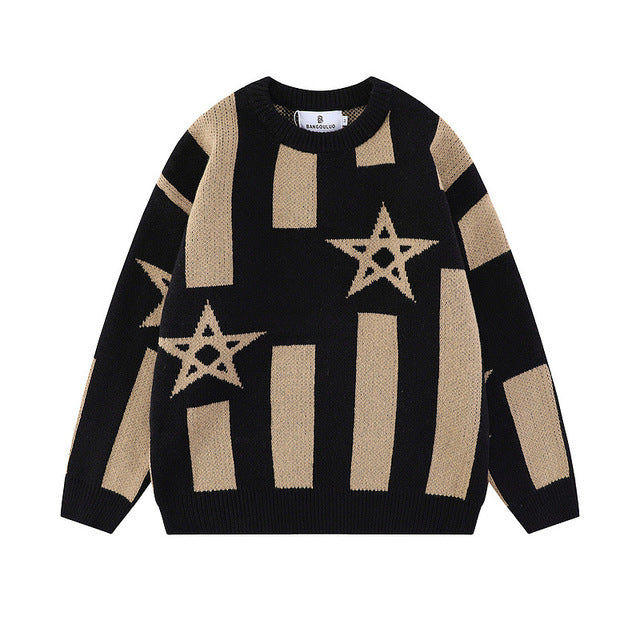 Colorblock Star Print Crew Neck Loose Knit Sweater