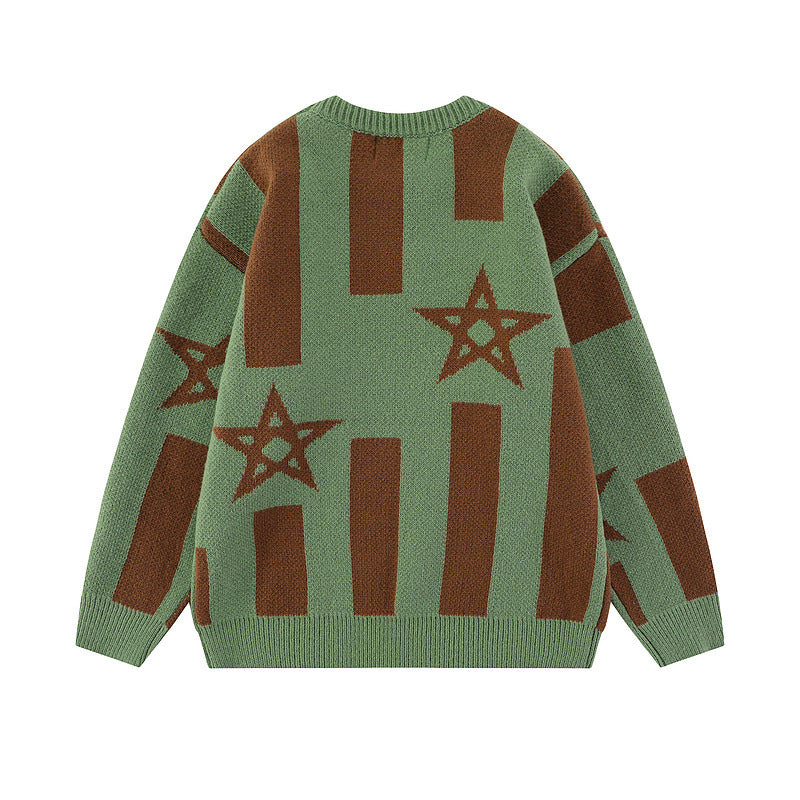 Colorblock Star Print Crew Neck Loose Knit Sweater