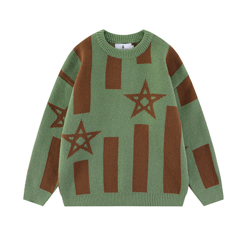 Colorblock Star Print Crew Neck Loose Knit Sweater