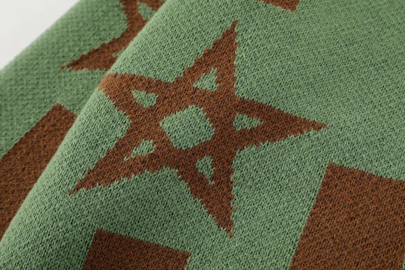 Colorblock Star Print Crew Neck Loose Knit Sweater