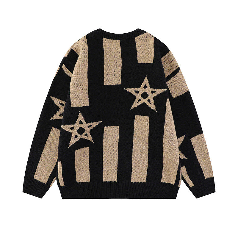 Colorblock Star Print Crew Neck Loose Knit Sweater